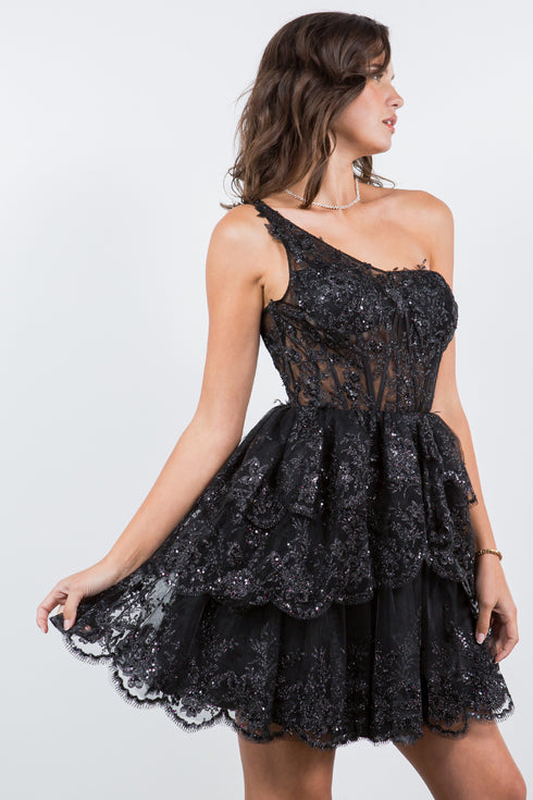 Lace One-Shoulder Tiered Skirt Cocktail Dress for Women 4/XS-16/3X